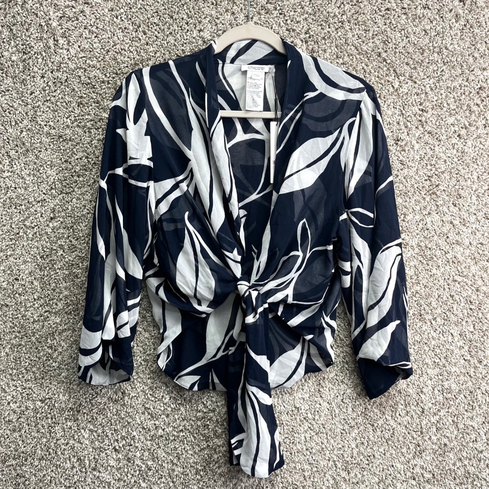 Chico's Classic Navy Palace Swirl Tie Front Kimono Covering Ruana 0/S NEW
